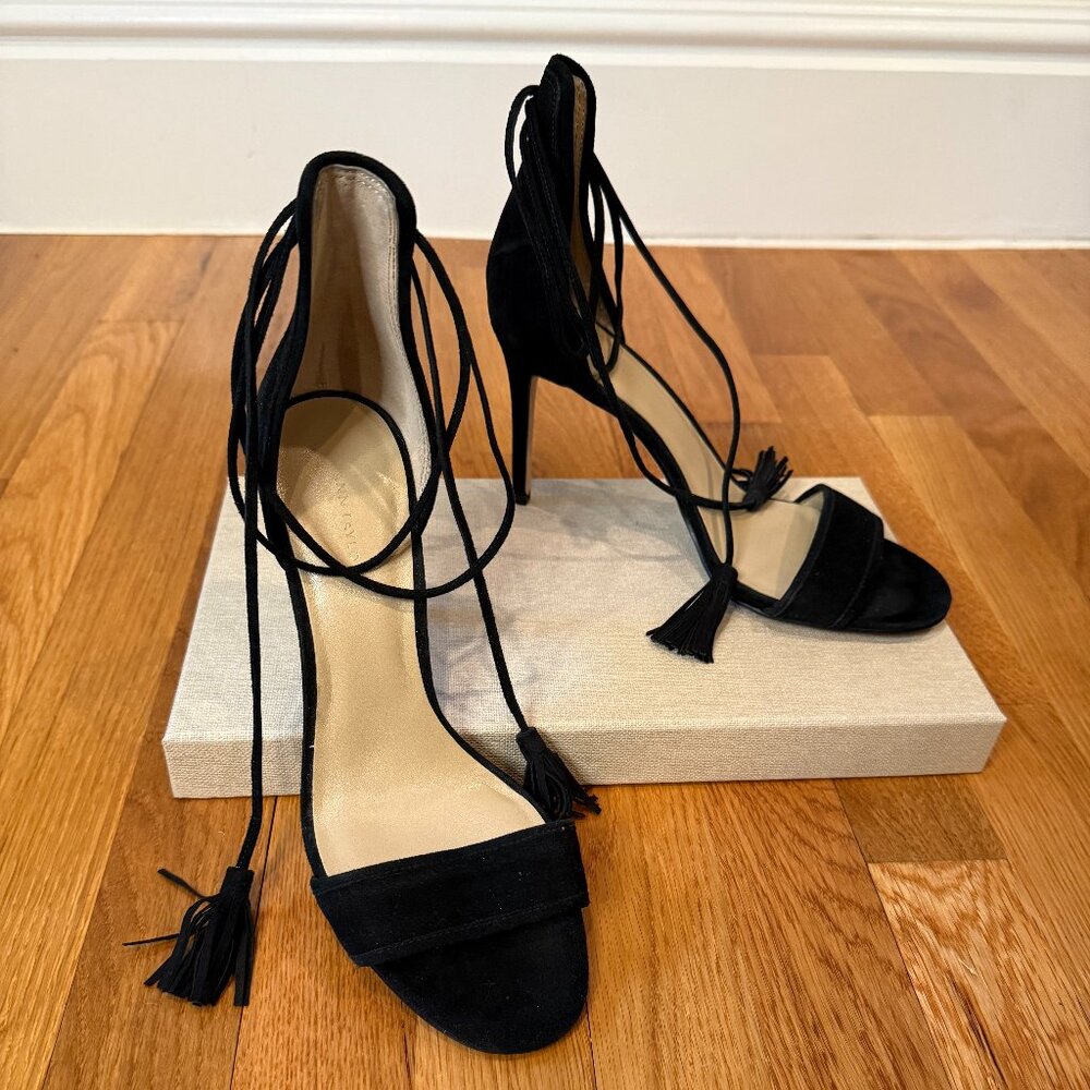 Ann Taylor Esme Black Suede High Heel Ankle Wrap Tassel Sandals, Size 8